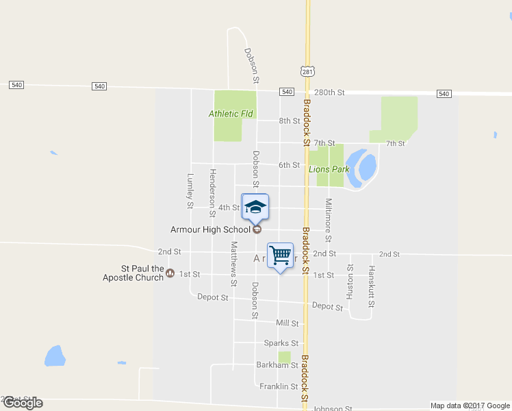 map of restaurants, bars, coffee shops, grocery stores, and more near 1000 Dobson Street in Armour