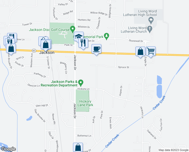 map of restaurants, bars, coffee shops, grocery stores, and more near W201N16649 Hemlock Street in Jackson