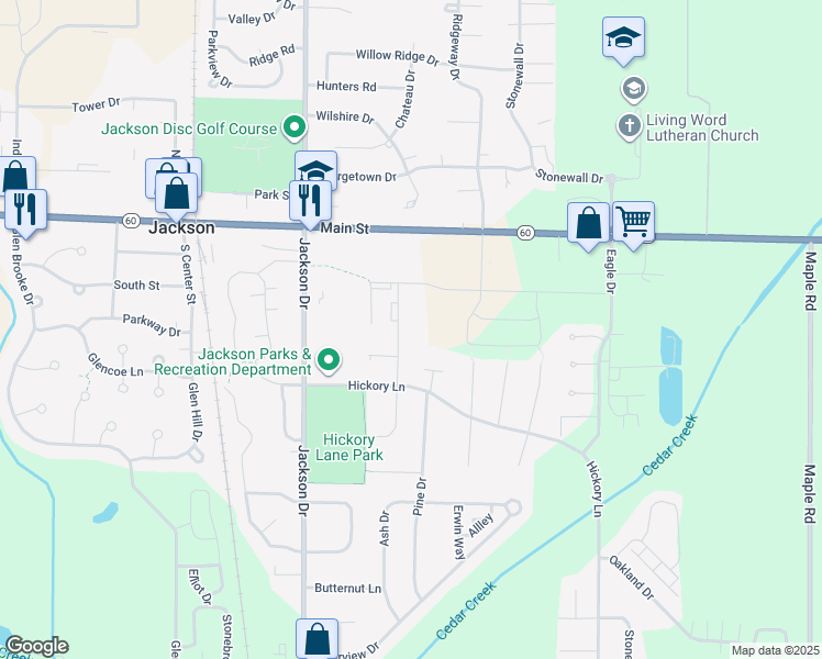 map of restaurants, bars, coffee shops, grocery stores, and more near W201N16658 Hemlock Street in Jackson