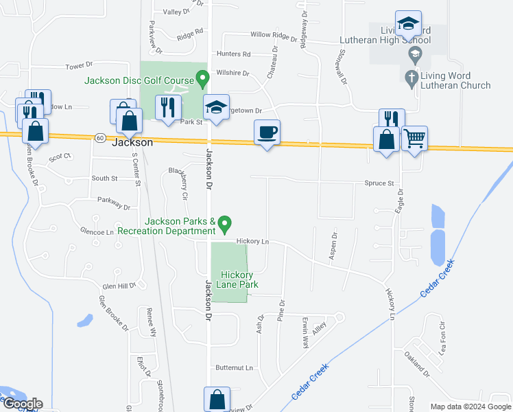 map of restaurants, bars, coffee shops, grocery stores, and more near W201N16669 Hemlock Street in Jackson