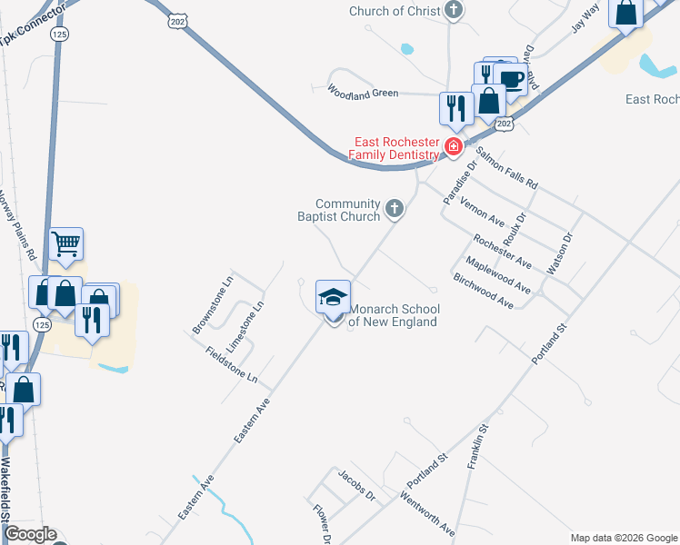 map of restaurants, bars, coffee shops, grocery stores, and more near 116 Eastern Avenue in Rochester