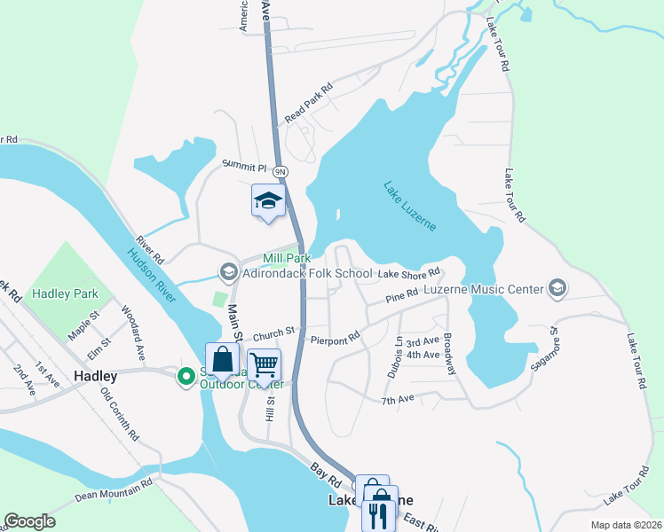 map of restaurants, bars, coffee shops, grocery stores, and more near 38 Lake Shore Road in Lake Luzerne