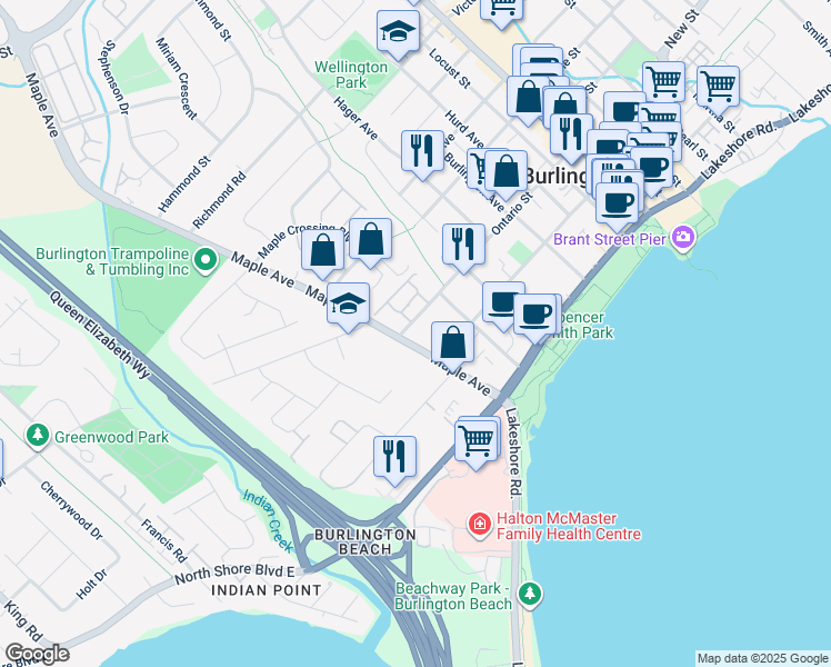 map of restaurants, bars, coffee shops, grocery stores, and more near 1272 Ontario Street in Burlington