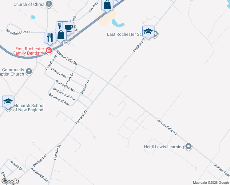 map of restaurants, bars, coffee shops, grocery stores, and more near 513 Salmon Falls Road in Rochester