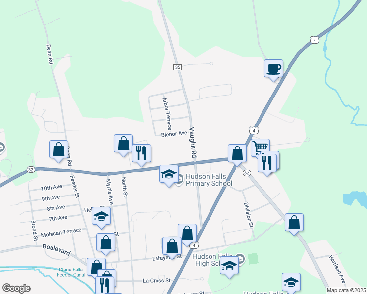 map of restaurants, bars, coffee shops, grocery stores, and more near 75 Vaughn Road in Hudson Falls