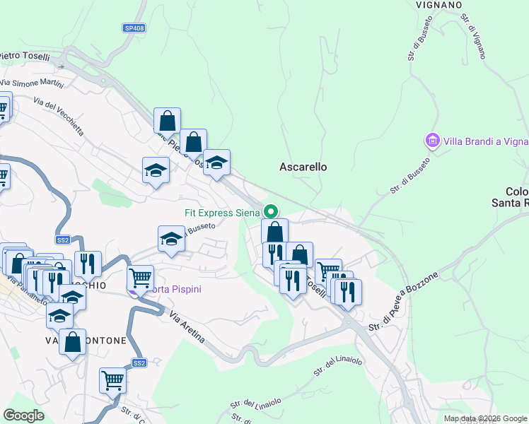 map of restaurants, bars, coffee shops, grocery stores, and more near in Siena