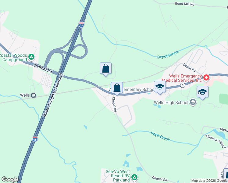 map of restaurants, bars, coffee shops, grocery stores, and more near 433 Sanford Road in Wells