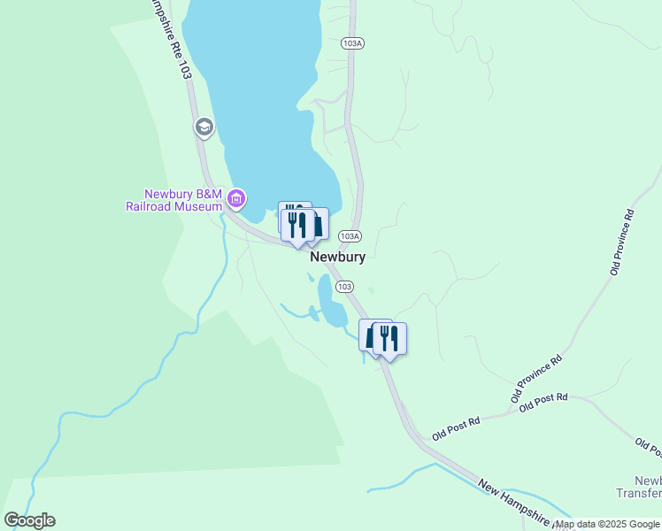 map of restaurants, bars, coffee shops, grocery stores, and more near New Hampshire Route 103 in Newbury