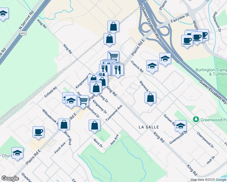 map of restaurants, bars, coffee shops, grocery stores, and more near 963 King Road in Burlington