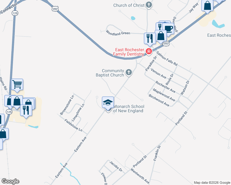 map of restaurants, bars, coffee shops, grocery stores, and more near 128 Eastern Avenue in Rochester