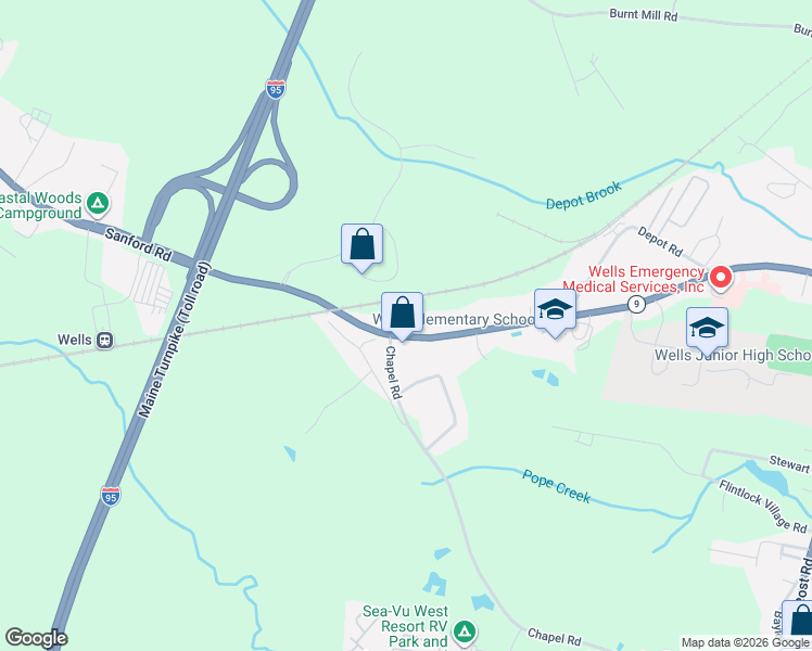 map of restaurants, bars, coffee shops, grocery stores, and more near 433 Sanford Road in Wells