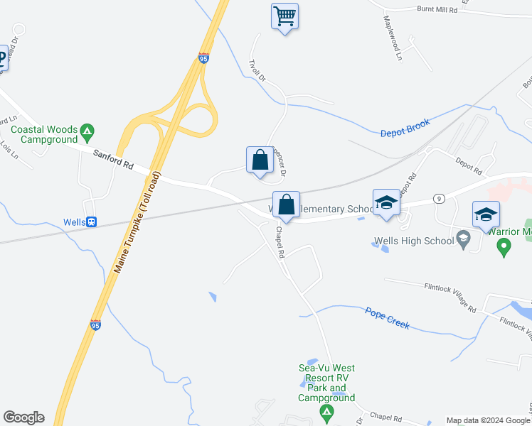 map of restaurants, bars, coffee shops, grocery stores, and more near 317 Sanford Road in Wells