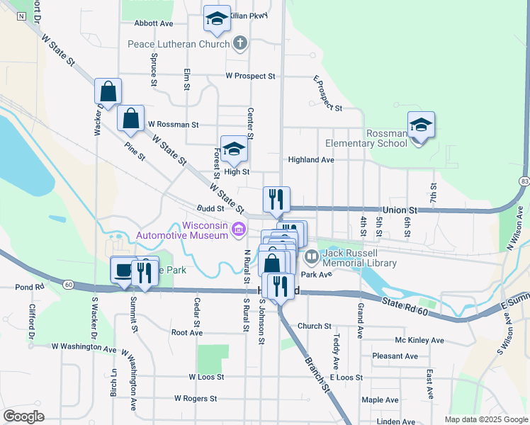 map of restaurants, bars, coffee shops, grocery stores, and more near 317 North Johnson Street in Hartford