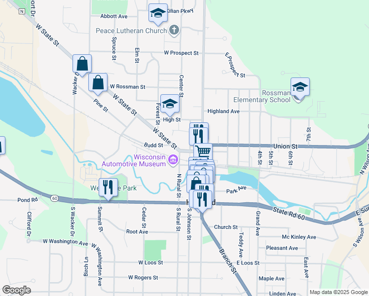 map of restaurants, bars, coffee shops, grocery stores, and more near 317 North Johnson Street in Hartford