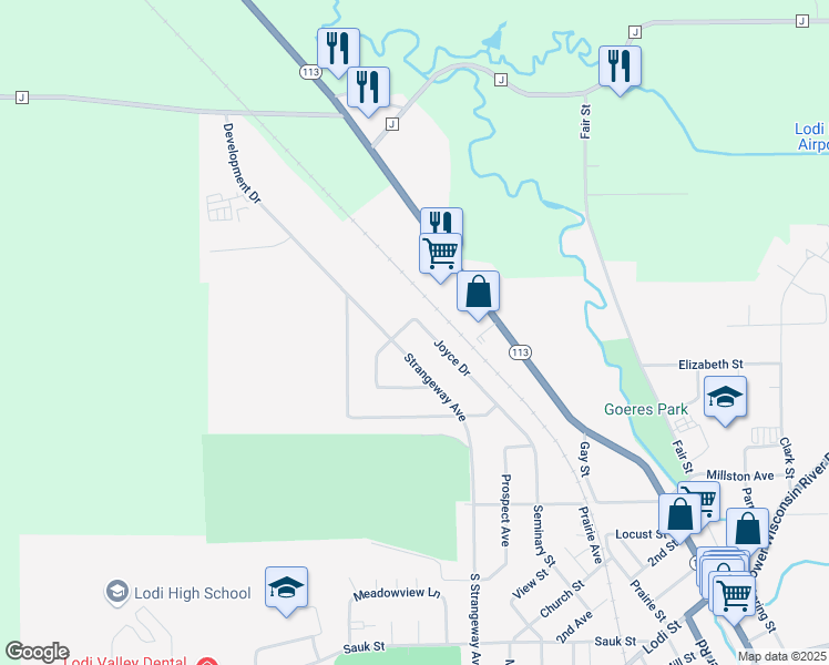 map of restaurants, bars, coffee shops, grocery stores, and more near 107 Joyce Drive in Lodi