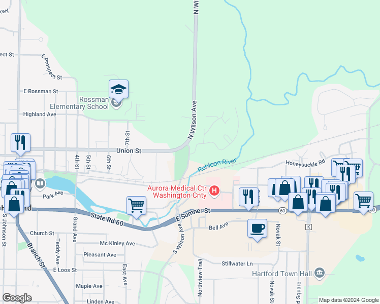 map of restaurants, bars, coffee shops, grocery stores, and more near 410 North Wilson Avenue in Hartford