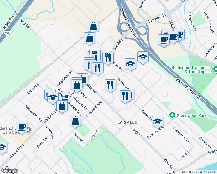 map of restaurants, bars, coffee shops, grocery stores, and more near 685 Surrey Lane in Burlington