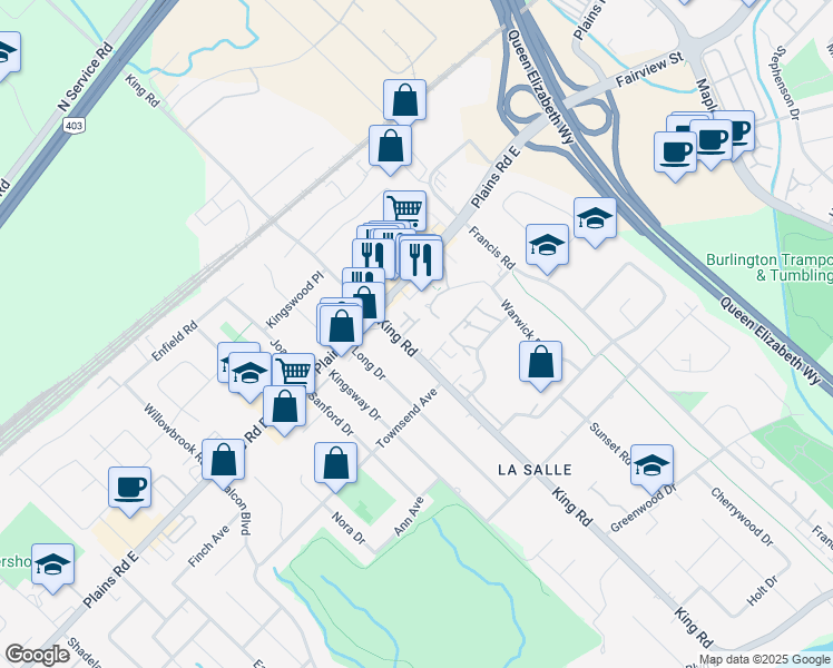 map of restaurants, bars, coffee shops, grocery stores, and more near 963 King Road in Burlington
