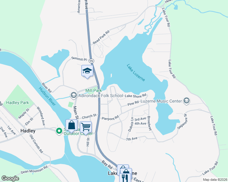 map of restaurants, bars, coffee shops, grocery stores, and more near 38 Lake Shore Road in Lake Luzerne