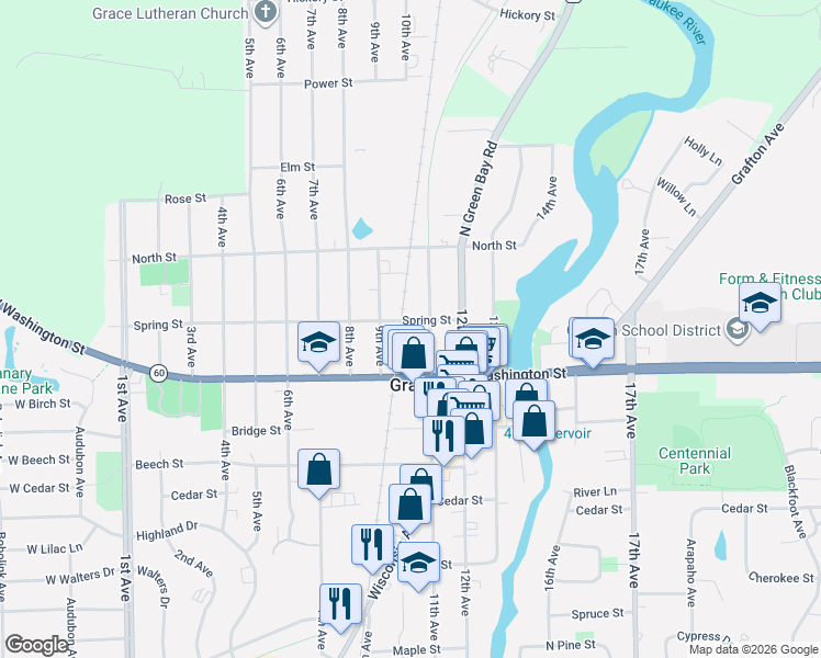 map of restaurants, bars, coffee shops, grocery stores, and more near 1055 Spring Street in Grafton