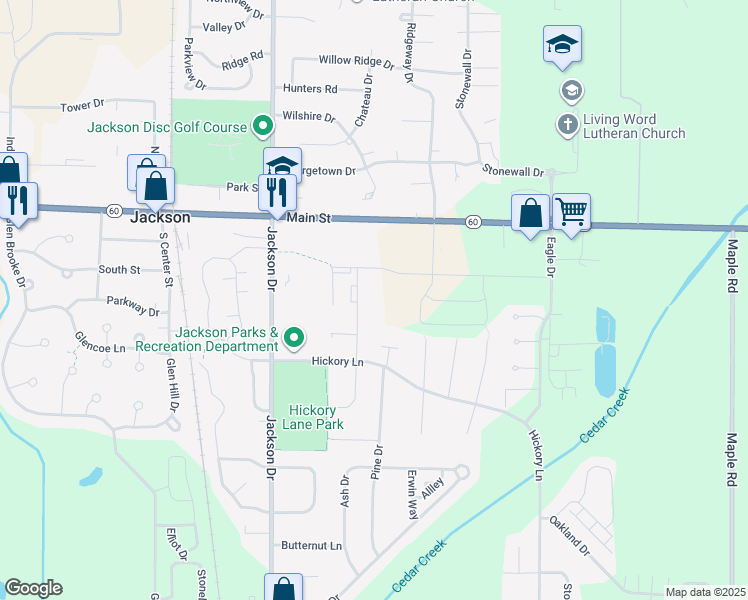 map of restaurants, bars, coffee shops, grocery stores, and more near W201N16658 Hemlock Street in Jackson