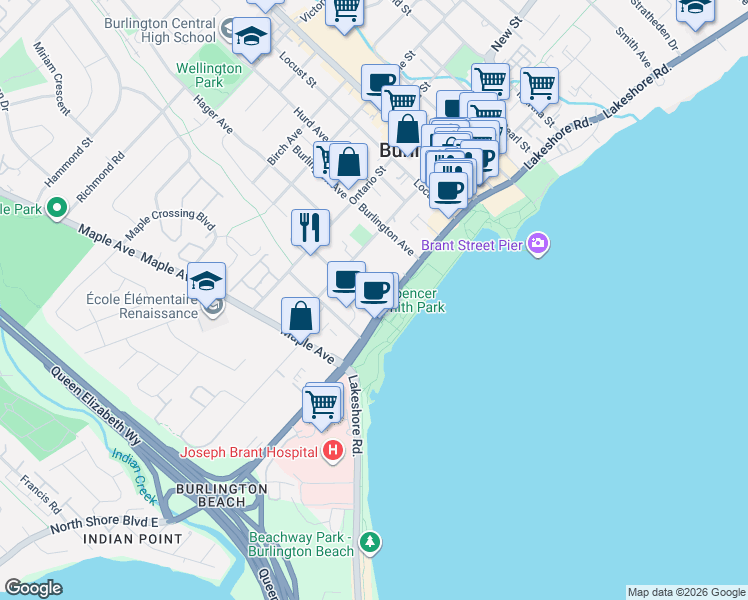 map of restaurants, bars, coffee shops, grocery stores, and more near 1363 Lakeshore Road in Burlington