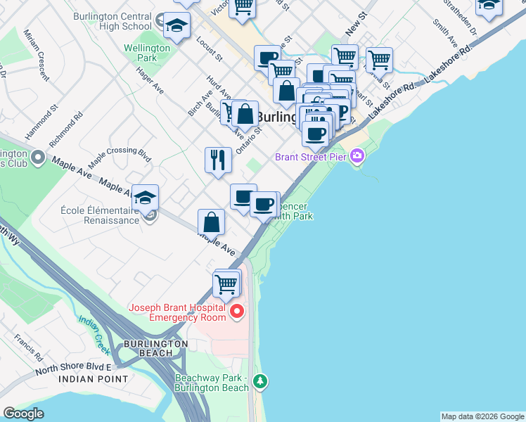 map of restaurants, bars, coffee shops, grocery stores, and more near 1347 Lakeshore Road in Burlington