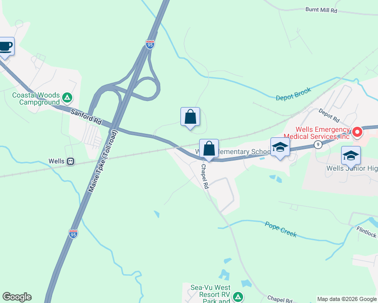 map of restaurants, bars, coffee shops, grocery stores, and more near 365 Sanford Road in Wells