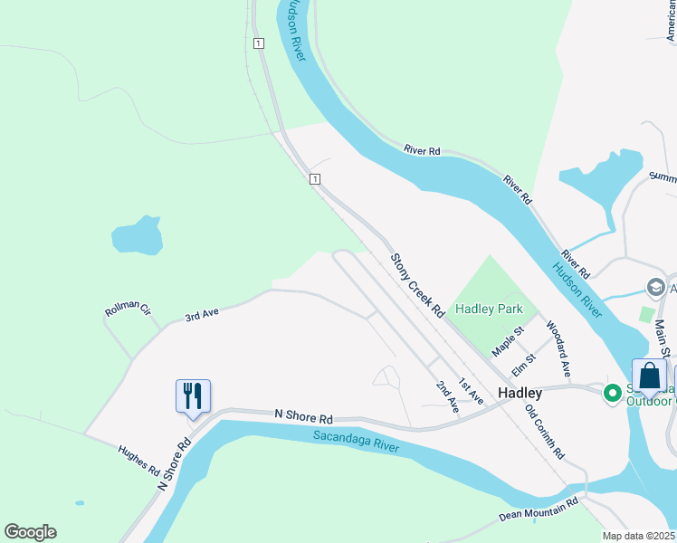 map of restaurants, bars, coffee shops, grocery stores, and more near 105 2nd Avenue in Hadley