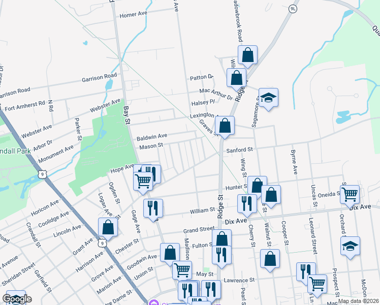 map of restaurants, bars, coffee shops, grocery stores, and more near 15 Flandreaux Avenue in Glens Falls