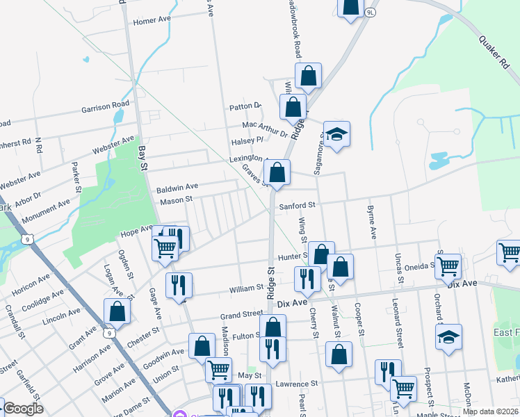 map of restaurants, bars, coffee shops, grocery stores, and more near 126 Sanford Street in Glens Falls