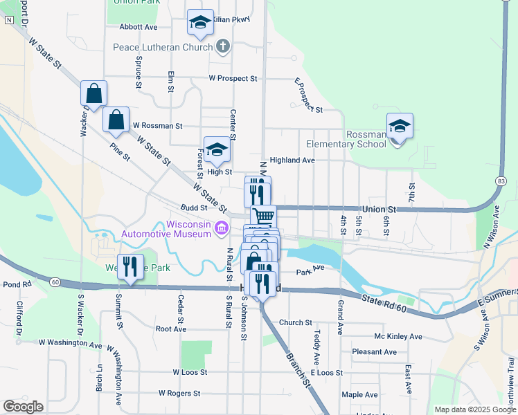 map of restaurants, bars, coffee shops, grocery stores, and more near 402 North Main Street in Hartford
