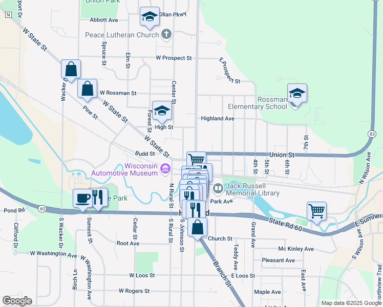 map of restaurants, bars, coffee shops, grocery stores, and more near 402 North Main Street in Hartford