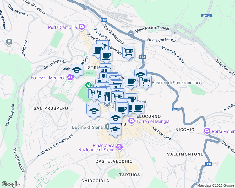 map of restaurants, bars, coffee shops, grocery stores, and more near 26 Via Banchi di Sopra in Siena