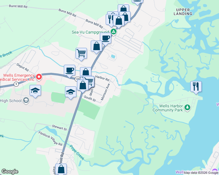 map of restaurants, bars, coffee shops, grocery stores, and more near 19 Morison Avenue in Wells