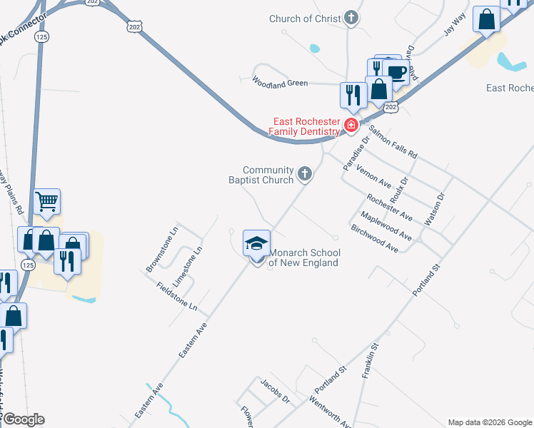 map of restaurants, bars, coffee shops, grocery stores, and more near 116 Eastern Avenue in Rochester