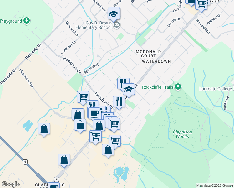 map of restaurants, bars, coffee shops, grocery stores, and more near 42 Pentland Road in Hamilton