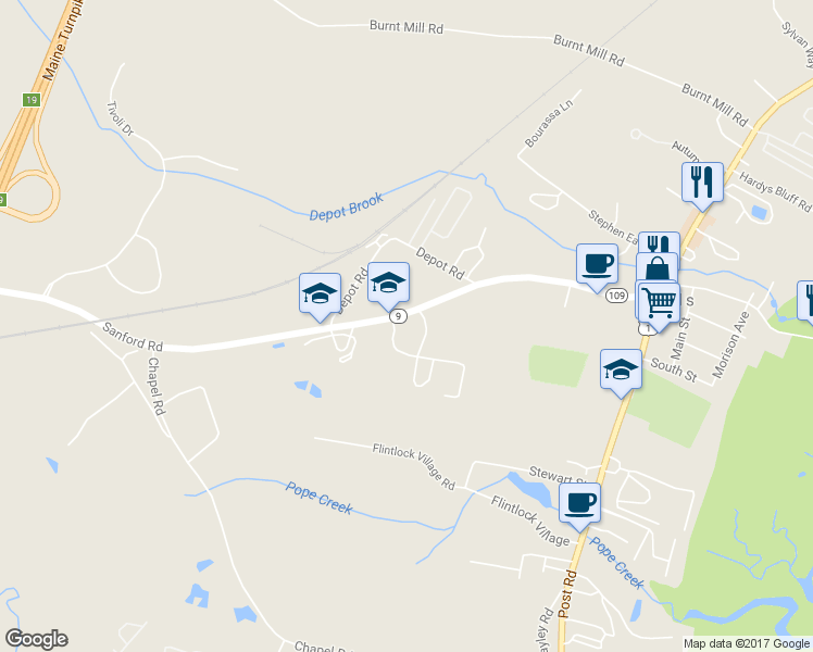 map of restaurants, bars, coffee shops, grocery stores, and more near 208 Sanford Road in Wells