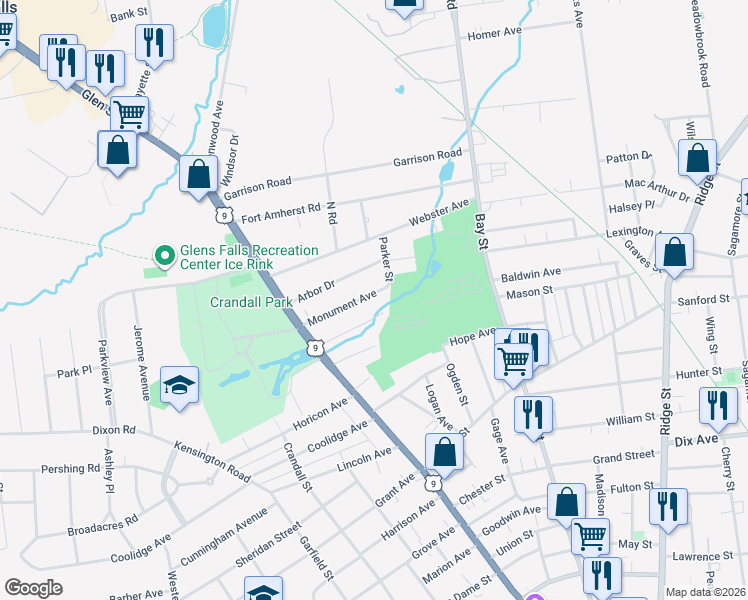 map of restaurants, bars, coffee shops, grocery stores, and more near 38 Monument Ave in Glens Falls