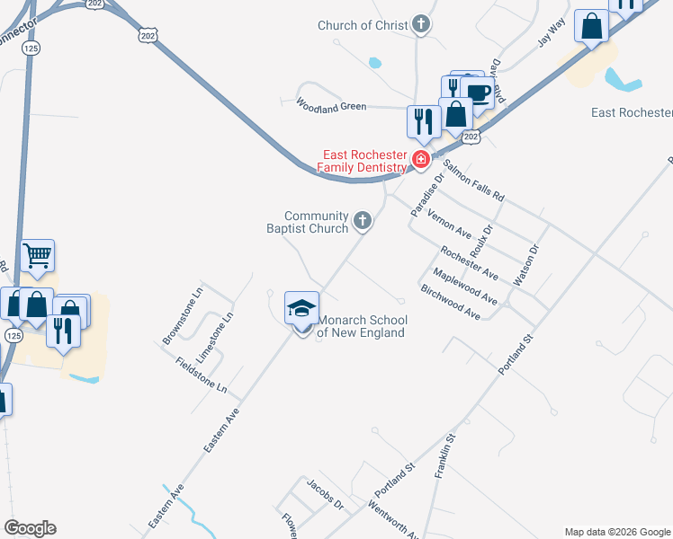 map of restaurants, bars, coffee shops, grocery stores, and more near 128 Eastern Avenue in Rochester