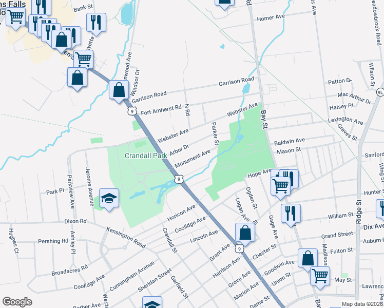 map of restaurants, bars, coffee shops, grocery stores, and more near 23 Monument Ave in Glens Falls