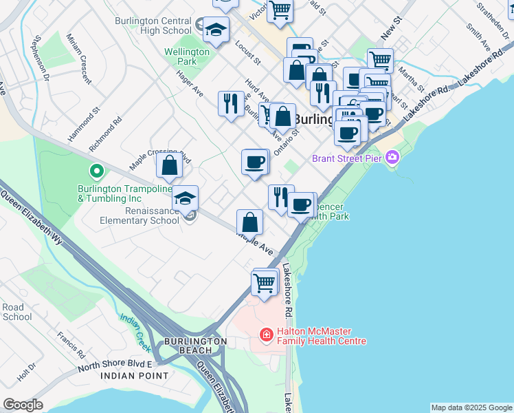 map of restaurants, bars, coffee shops, grocery stores, and more near 474 Brock Ave in Burlington