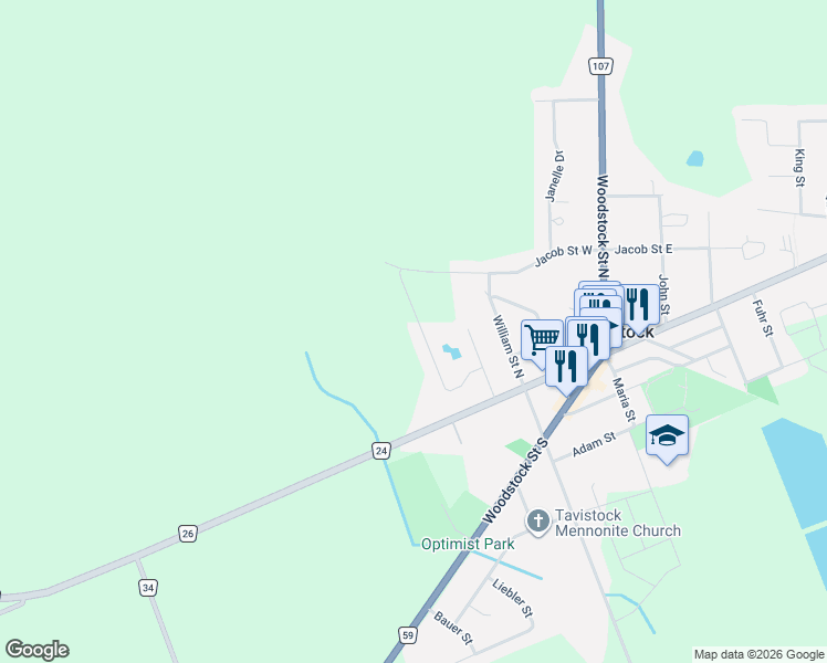 map of restaurants, bars, coffee shops, grocery stores, and more near 86 Halliday Drive in Tavistock