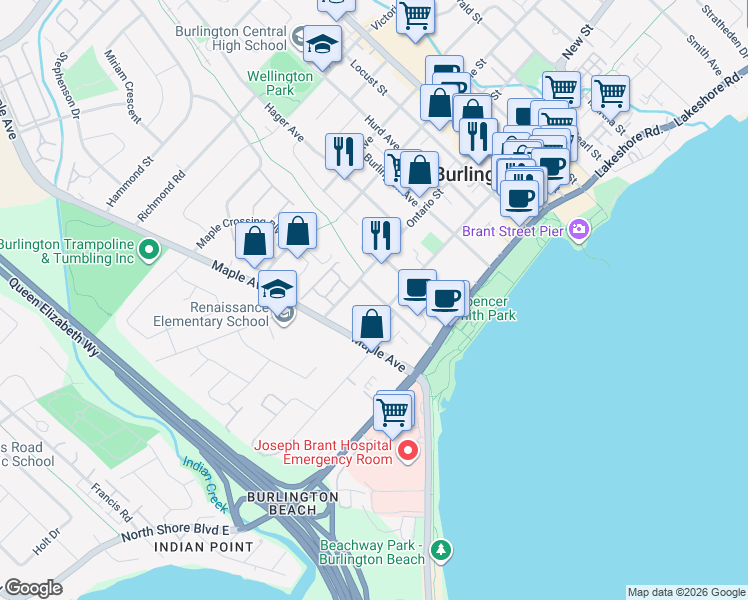 map of restaurants, bars, coffee shops, grocery stores, and more near 472 Brock Avenue in Burlington