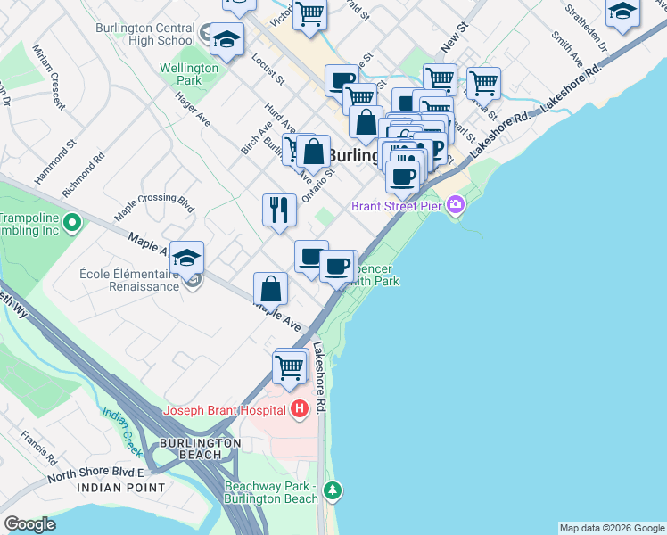 map of restaurants, bars, coffee shops, grocery stores, and more near 1349 Lakeshore Road in Burlington