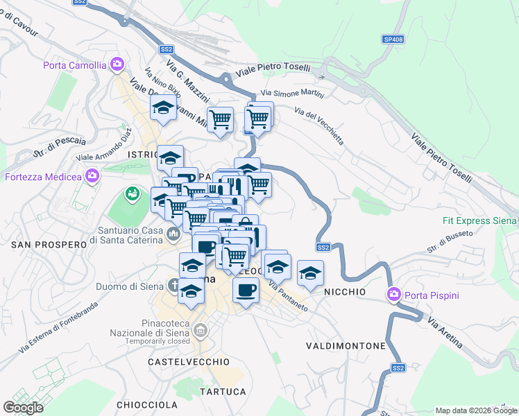 map of restaurants, bars, coffee shops, grocery stores, and more near Via dei Rossi in Siena