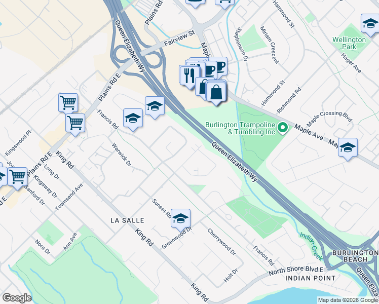 map of restaurants, bars, coffee shops, grocery stores, and more near 1043 Cedar Avenue in Burlington