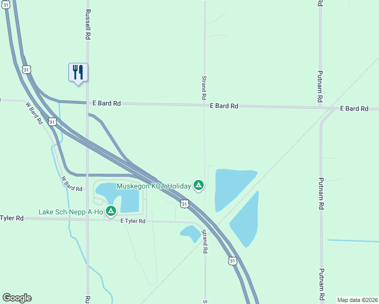 map of restaurants, bars, coffee shops, grocery stores, and more near 3631 Strand Road in Muskegon