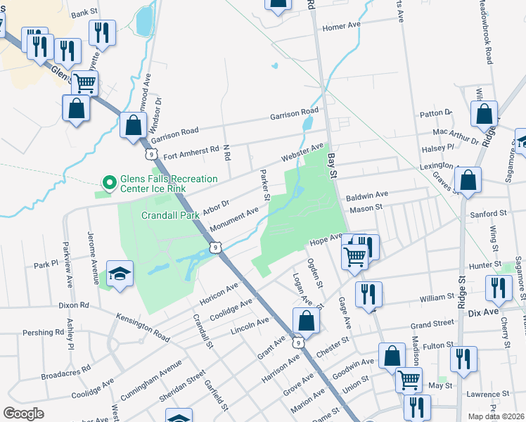 map of restaurants, bars, coffee shops, grocery stores, and more near 38 Monument Avenue in Glens Falls