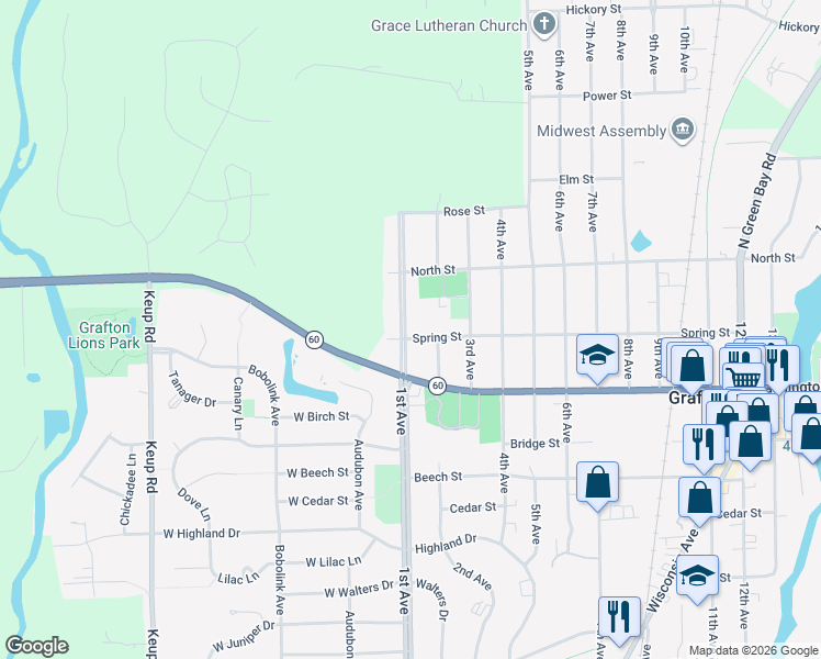 map of restaurants, bars, coffee shops, grocery stores, and more near 112 Spring Street in Grafton